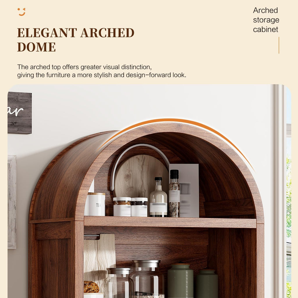 Ieejdn 71" Tall Arched Kitchen Pantry,Modern Fluted Wood Storage Cabinet with Doors,Adjustable Shelves,Organizer, Versatile Cupboard for Kitchen,Living Room,Dining Room,Bathroom,Walnut3