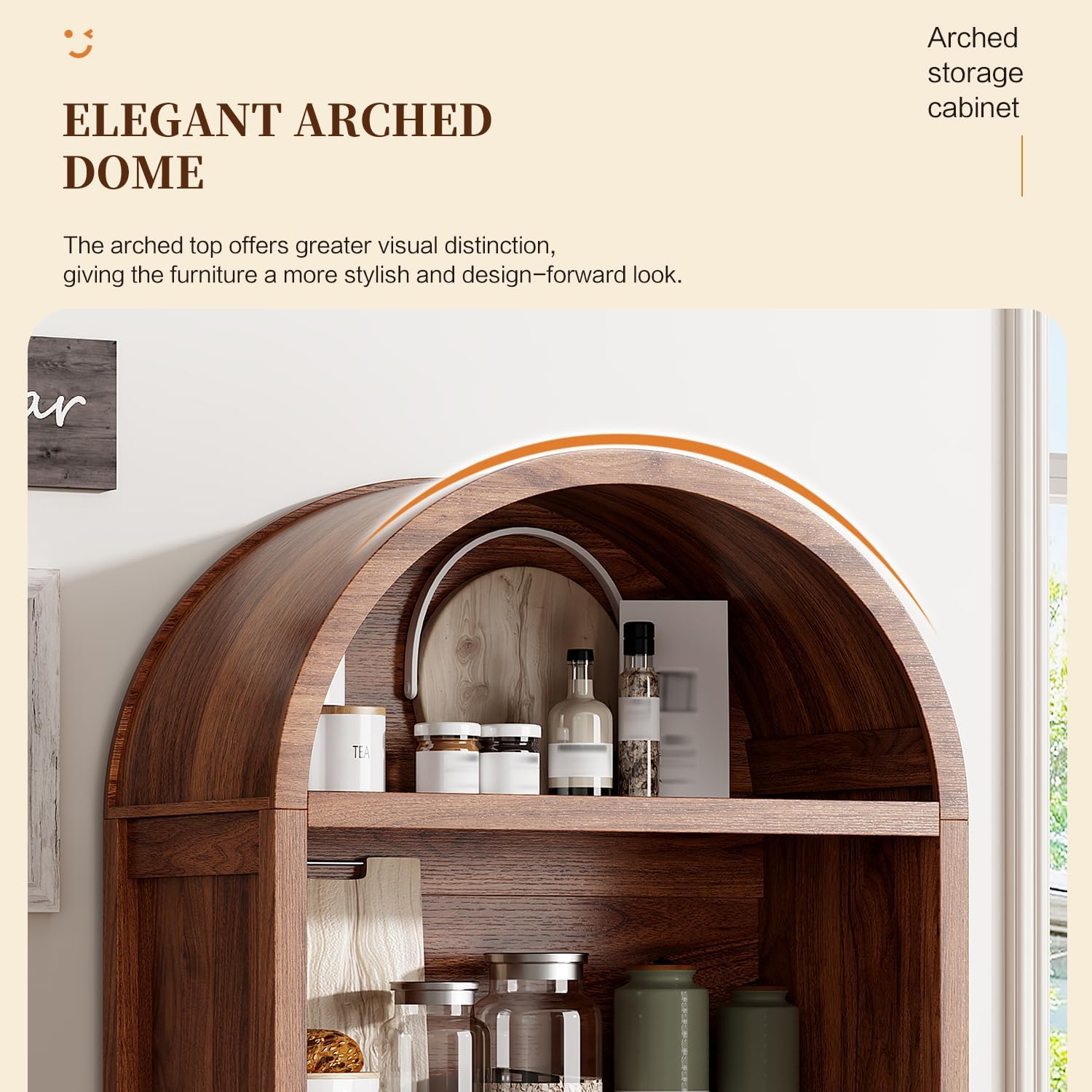 Ieejdn 71" Tall Arched Kitchen Pantry,Modern Fluted Wood Storage Cabinet with Doors,Adjustable Shelves,Organizer, Versatile Cupboard for Kitchen,Living Room,Dining Room,Bathroom,Walnut3