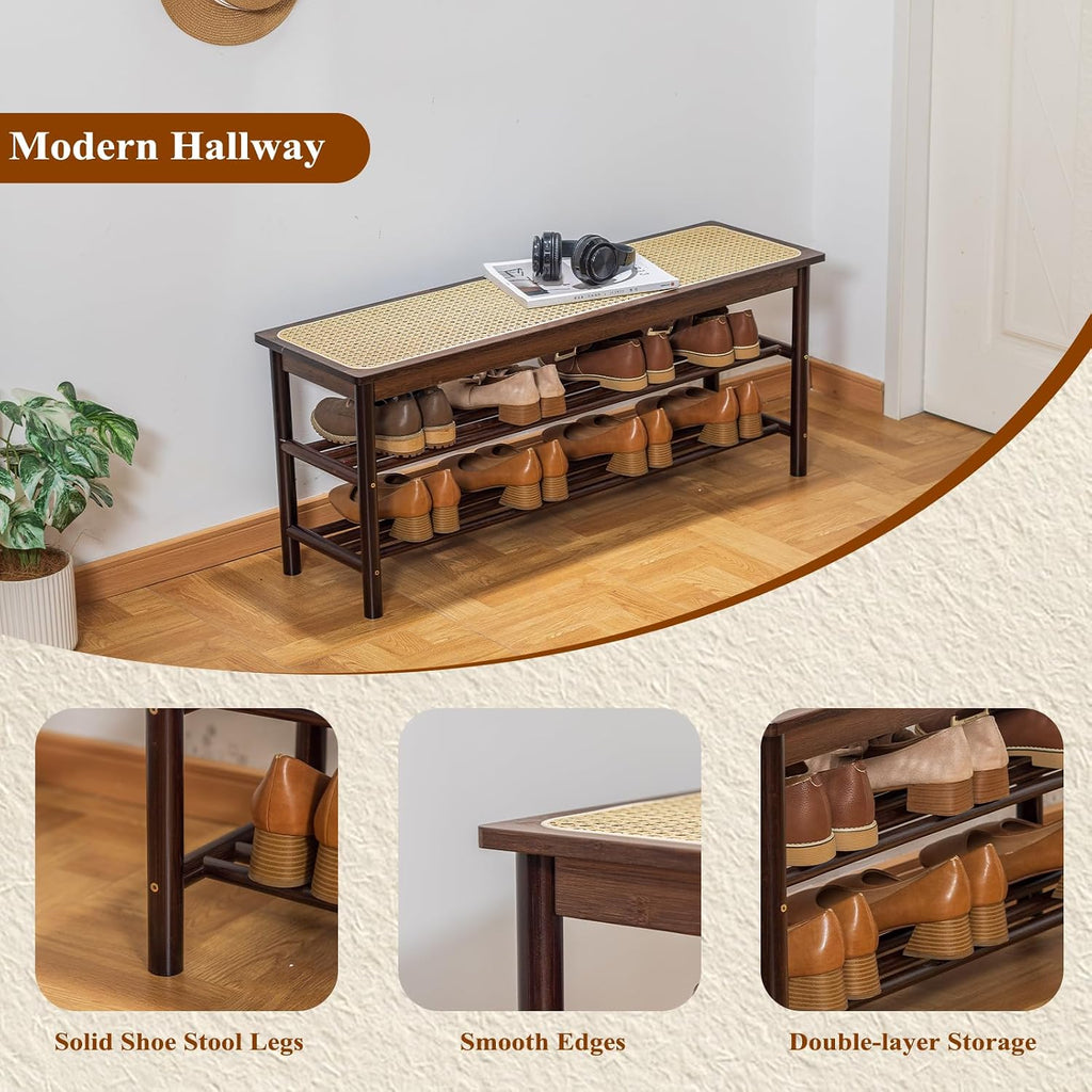 Bamboo Entryway Bench with Woven Rattan Seat, 2-Tier Shoe Storage Bench for Hallway & Entryway 39.4 inches Walnut