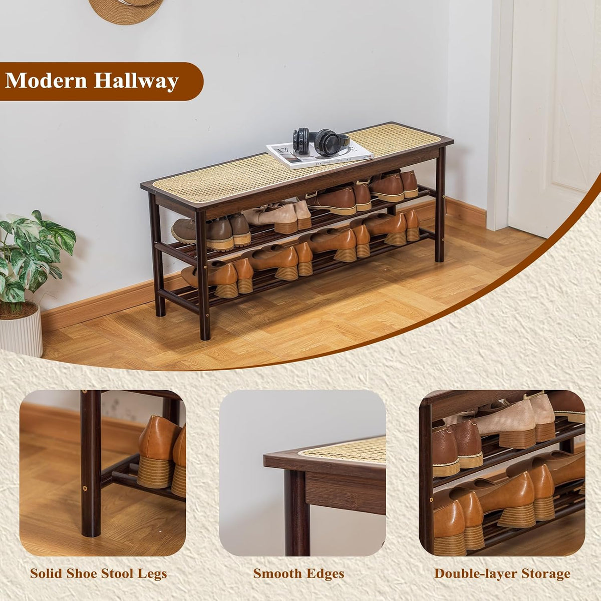 Bamboo Entryway Bench with Woven Rattan Seat, 2-Tier Shoe Storage Bench for Hallway & Entryway 39.4 inches Walnut
