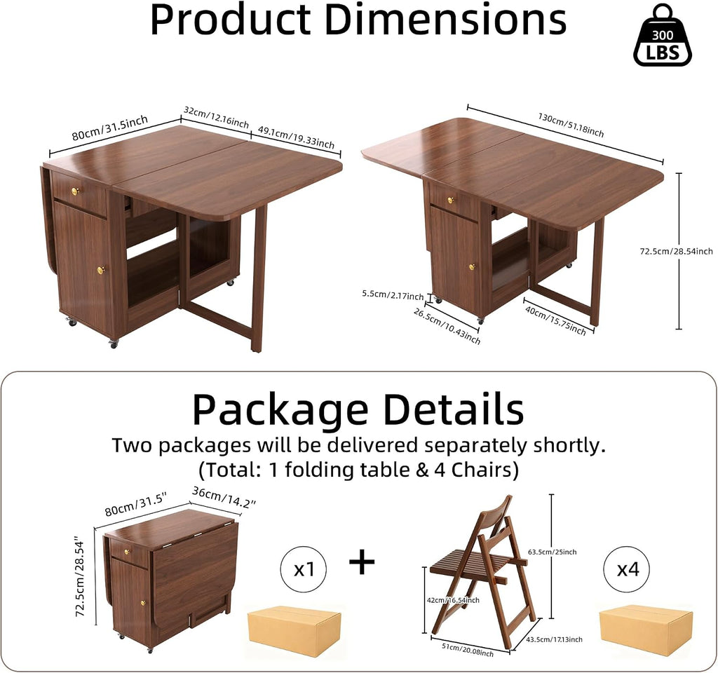Drop Leaf Table and Chairs - 51" Fully Assembled Folding Dining Table 4-6 Seater with Storage and Lockable Wheels, Space-Saving Set with 4 Chairs for Kitchen or Dining Room (Walnut)
