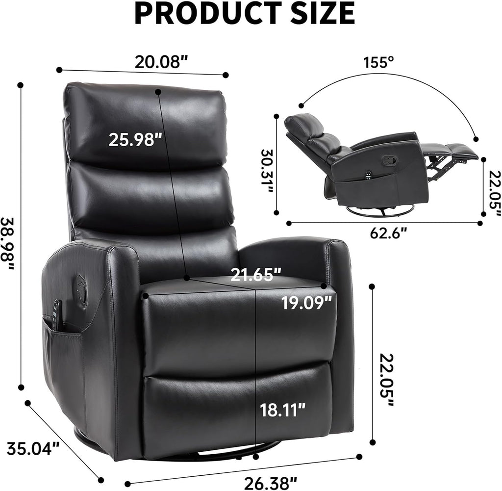 Rocker Recliner Chairs, 360° Swivel Rocking Recliner Chair for Adults,Glider Rocker Recliners, Small Recliners with Vibration Massage and Heat for Living Room (Black)