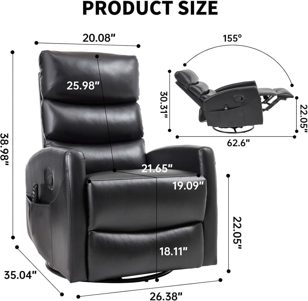 Rocker Recliner Chairs, 360° Swivel Rocking Recliner Chair for Adults,Glider Rocker Recliners, Small Recliners with Vibration Massage and Heat for Living Room (Black)