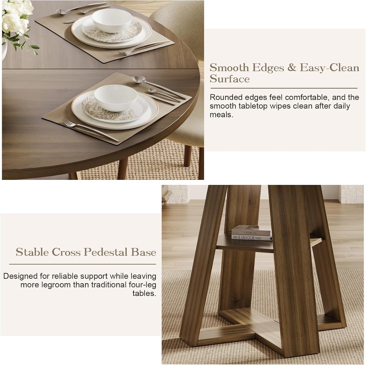 47.2" Round Dining Table for 4-6, Circle Kitchen Table with Open Storage Shelf, Farmhouse Dinner Table with Cross Pedestal Base for Dining Room, Kitchen, Living Room, Walnut