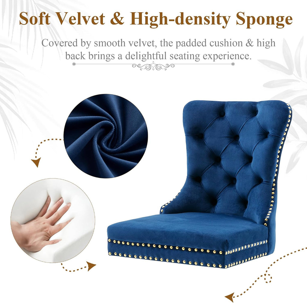 civama Dining Room Chairs Set of 4, Velvet Nikki Collection Dining Chair Upholstered Modern Tufted Kitchen Chair with Nailhead Back Pull Ring Golden Steel Legs, Blue
