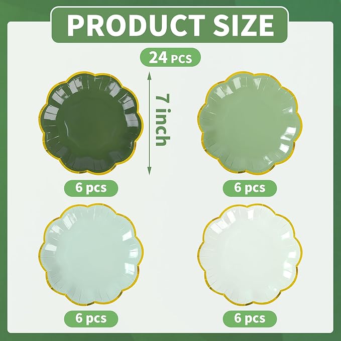 Sage Green Party Plates Gradient Green Dessert Paper Plates 7inch Gold Foil Scalloped Edge Disposable Cake Plates for Birthday Bridal Baby Shower Wedding Party Supplies (24)