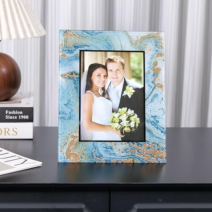Cuspin 5x7 Blue Picture Frame, Luxury Blue and Gold Glass Wedding Frame 8x10 Marble Decorative Photo Frames for 5x7 Photos, Glamorous Elegant Frame for Tabletop, Gift, Home Office Display