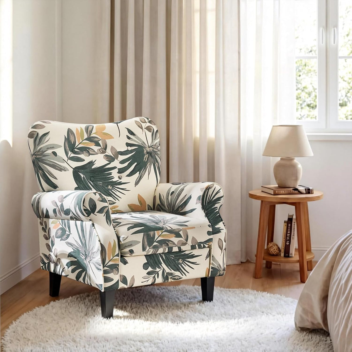 YOLENY Mid Century Wingback Arm Chair, Modern Upholstered Fabric High Back Accent Chair with Wood Legs, Upholstered Single Sofa Club Chair for Living Room, Bedroom, Home Office, Grey Green Leaves