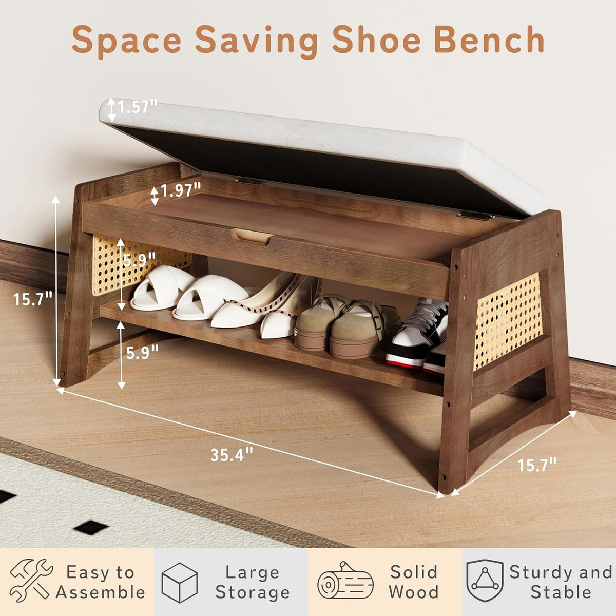 Shoe Rack Bench with Flip-Top Storage, 35.4" W x 15.7" H Solid Wood Entryway Bench Shoe Organizer with Cushion Side Hooks for Front Door Entrance Hallway Foyer Closet Living Room Bedroom