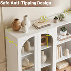 Cyclysio 80" Tall Pantry System with 4 Tempered Glass Doors, Arched Corner Pantries with 6-Tier Open Shelves, Wooden Cupboard Storage Organizer with Baseboard Cutout for Living Room