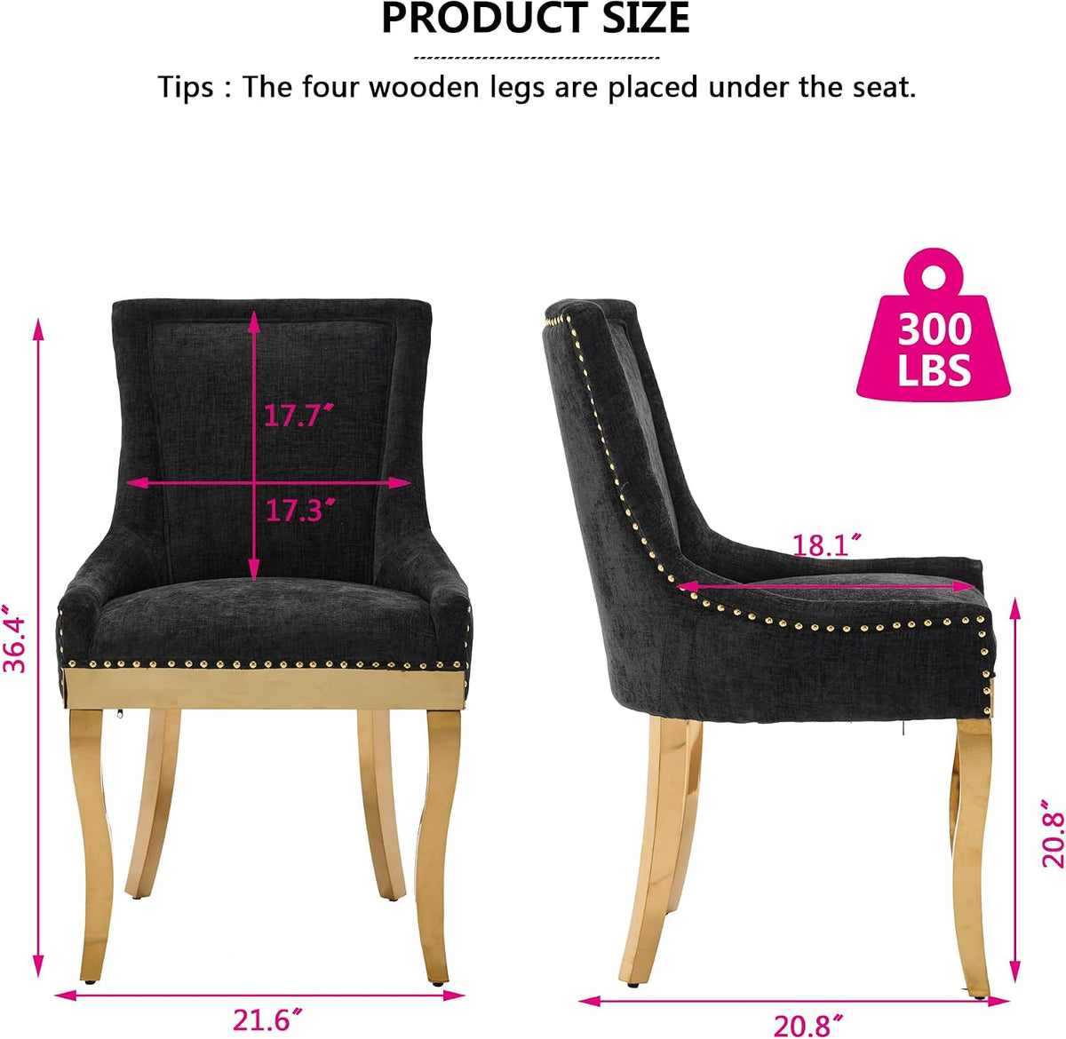 Luxury Fabirc Upholstered Dining Chairs Set of 2,Neutral Chenille Kitchen Room Chair with Nailhead Trim,Modern Padded Side Chairs for Dining Room,Living Room,Bar (Black-Gold, Set of 2)