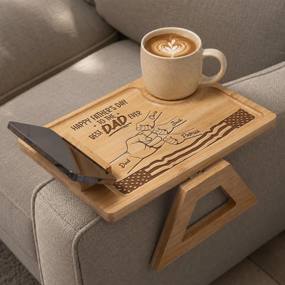 Wrappiness Custom Engraved Couch Arm Table for Dad, Wood Sofa Arm Rest Tables with 360° Phone Holder, Portable Sofa Armrest Tray for Drink Snacks, Gift for Fathers Day (Best Dad Ever)