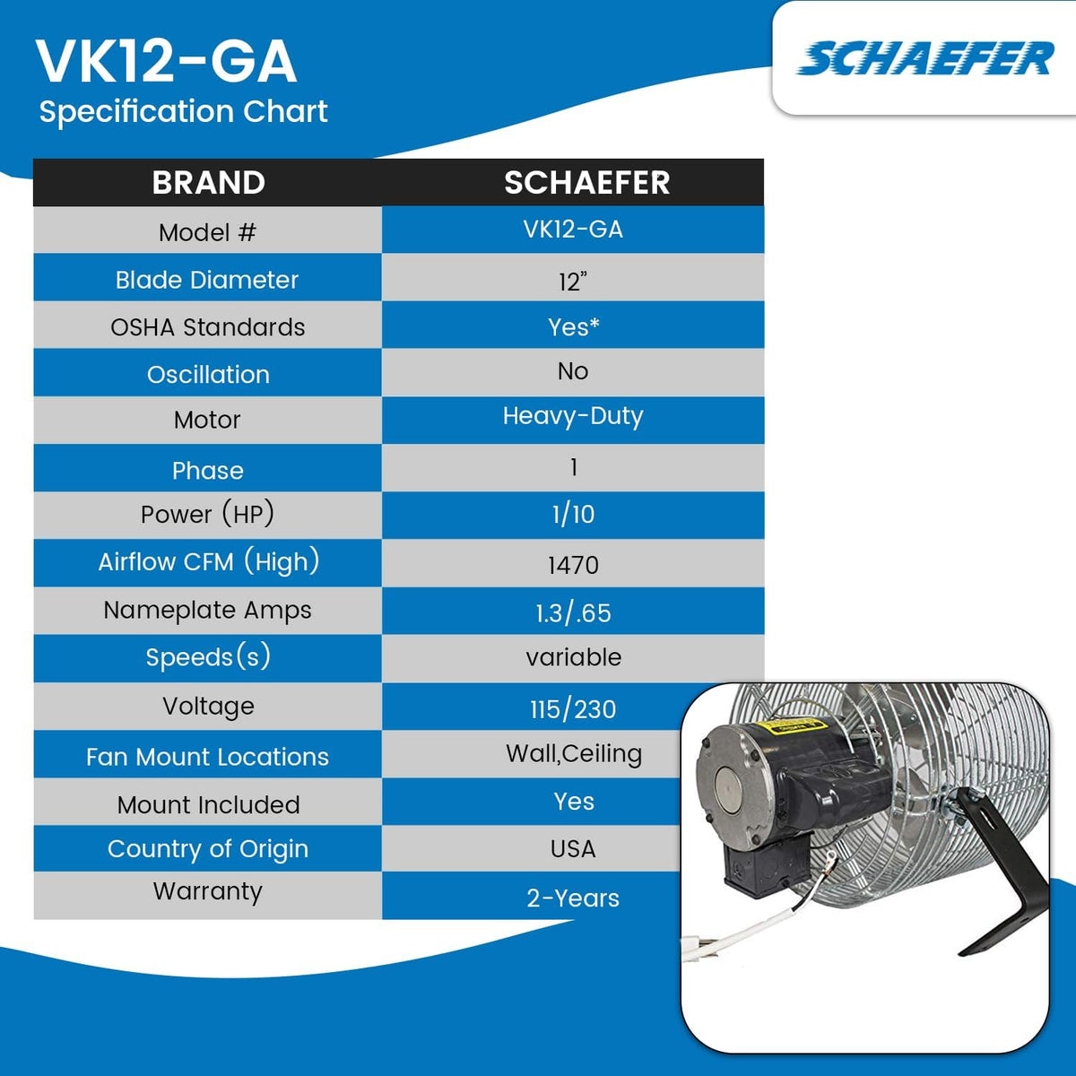 Schaefer VK12-GA VersaKool Air Circulator Fan, Ceiling Wall Mount & Aluminum Blade, 1470 CFM, 1/10 hp, Energy-Efficient Commercial Fan for Patio, Garage, Industrial & Workshop (Silver)