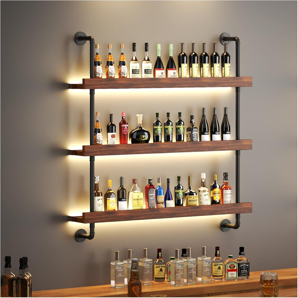 Large Wine Rack Wall Mounted with LED Light, Solid Wood Bar Shelves Wall Mounted, 3-Tiers Liquor Bottles Floating Shelves Display Storage Organizer for Home Bar, Dining Room (47.2 inch)