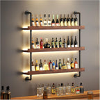 Large Wine Rack Wall Mounted with LED Light, Solid Wood Bar Shelves Wall Mounted, 3-Tiers Liquor Bottles Floating Shelves Display Storage Organizer for Home Bar, Dining Room (47.2 inch)