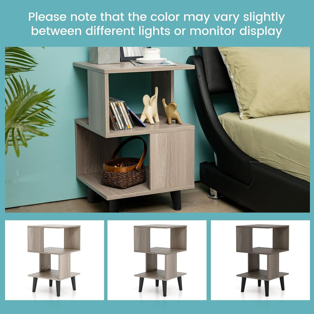 Giantex End Table, Wood Nightstand with Legs, Accent Sofa Side Table Open Storage Shelves, Small Bookcase for for Living Room Bedroom Study Room (Light Grey)