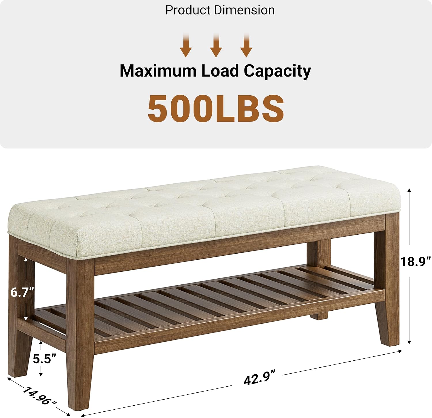 YaFiti End of Bed Storage Bench, 42.9" Entryway Shoe Bench with Solid Wood Shelf, Upholstered Ottoman with Padded Seat for Bedroom, Hallway and Living Room, Beige