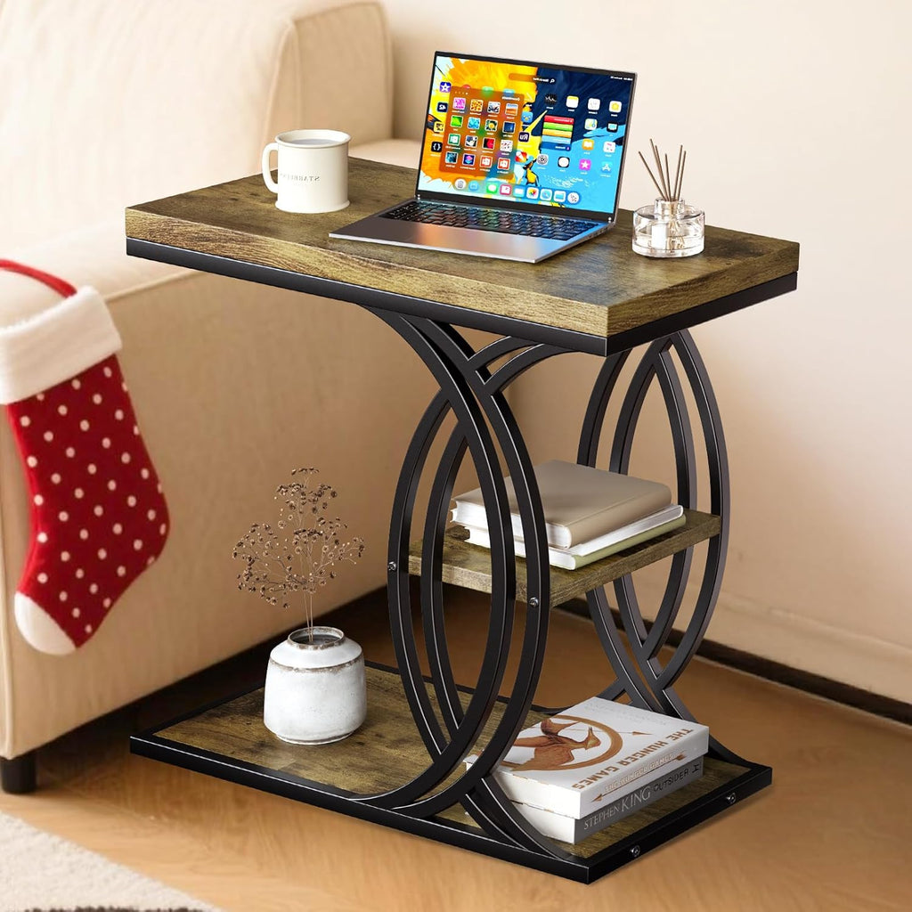 C Shaped End Table, Bed Side Table, 3-Tier Side Table with Metal Frame, Wood End Table with Storage for Living Room, Couch, Sofa, Bedroom, Easy Assembly, 23.6" D*11.8" W*23.6" H, Rustic Brown