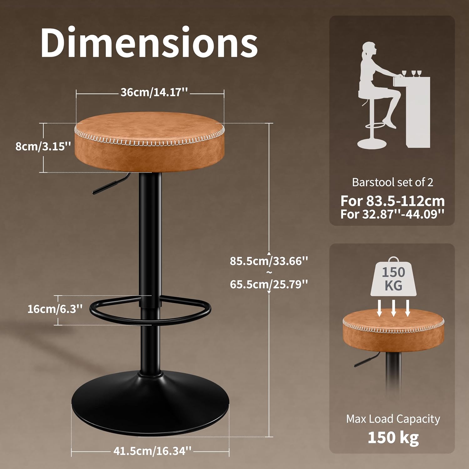 STOOLINK Tall Bar Stools Set of 2, Microfiber Leather Bar Height Stools | 360° Swivel Backless Bar Stools with Round Seat, Adjustable Counter Stools for Kitchen Island, Pub, 330 Lbs, Brown