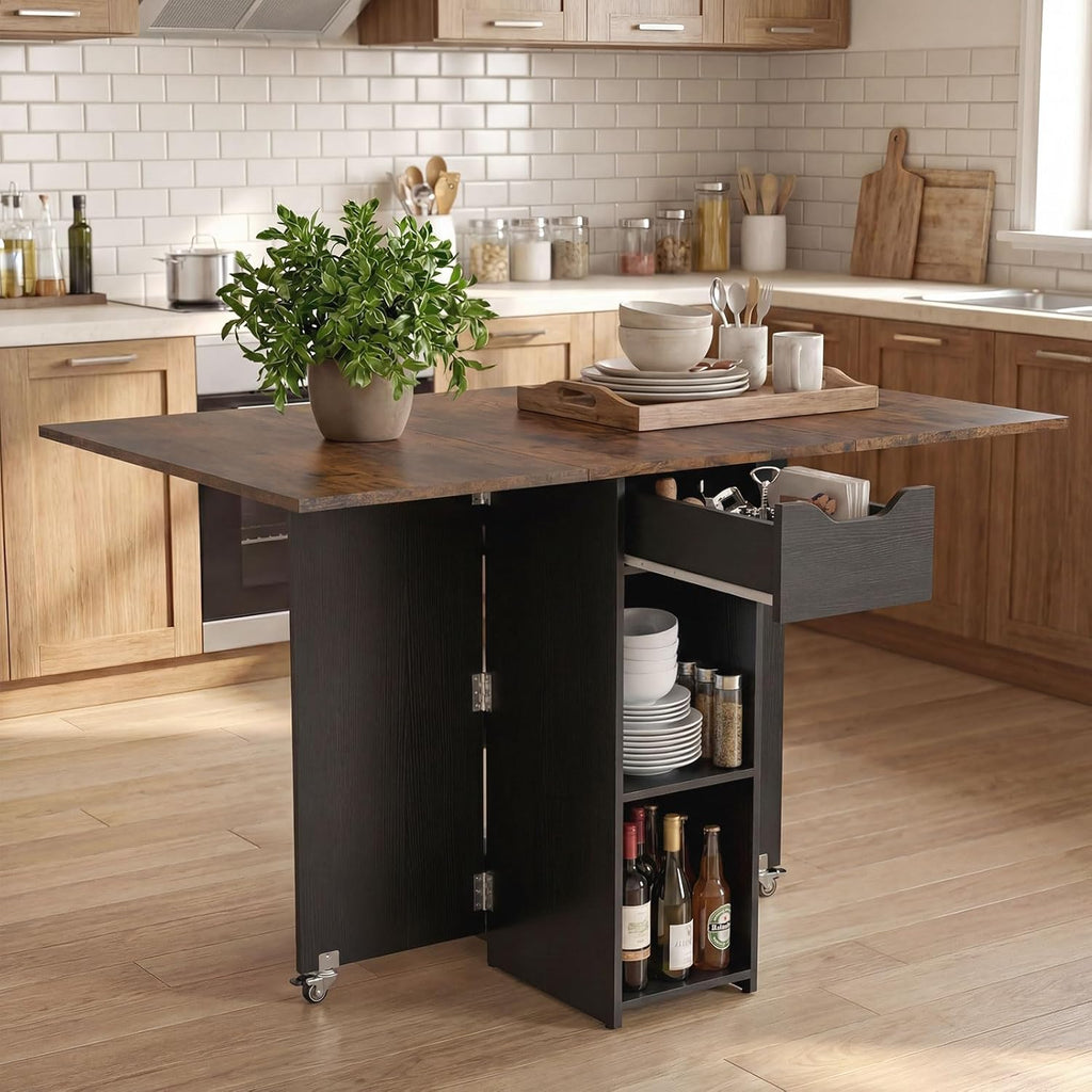 GOFLAME Drop Leaf Dining Table for 2-4, Folding Kitchen Table with Open Shelves & Drawer, Lockable Wheels, Space Saving Extendable Table for Dining Room, Living Room, Small Space, Rustic Brown & Black