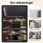 16" Faux Leather Storage Ottoman Foot Rest Stool with Wooden Tray, Footstool with Side Pocket & Wooden Legs, Small Space Coffee Table & Seat for Living Room, Bedroom, Dark Brown, Black