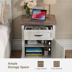 Halitaa Nightstands Set of 2 with Charging Station, White Oak | Bedside Table with Large Drawer, Side Table with Storage Cabinet and Adjustable Shelf, Farmhouse End Table for Bedroom