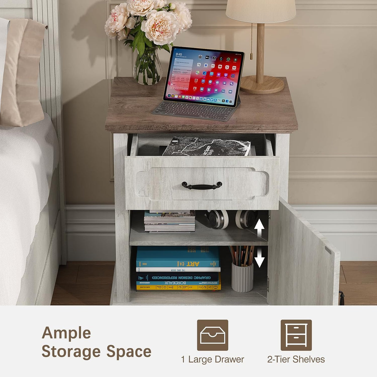 Halitaa Nightstands Set of 2 with Charging Station, White Oak | Bedside Table with Large Drawer, Side Table with Storage Cabinet and Adjustable Shelf, Farmhouse End Table for Bedroom