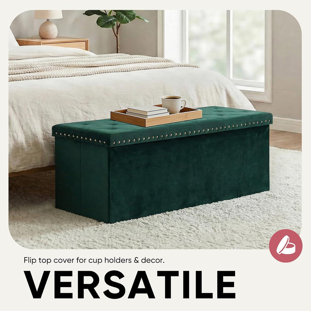 Storage Ottoman Bench, 43 Inches Folding Green Velvet Long Ottoman with Storage for Bedroom 43.7" L x 15.7" W x 15.7" H