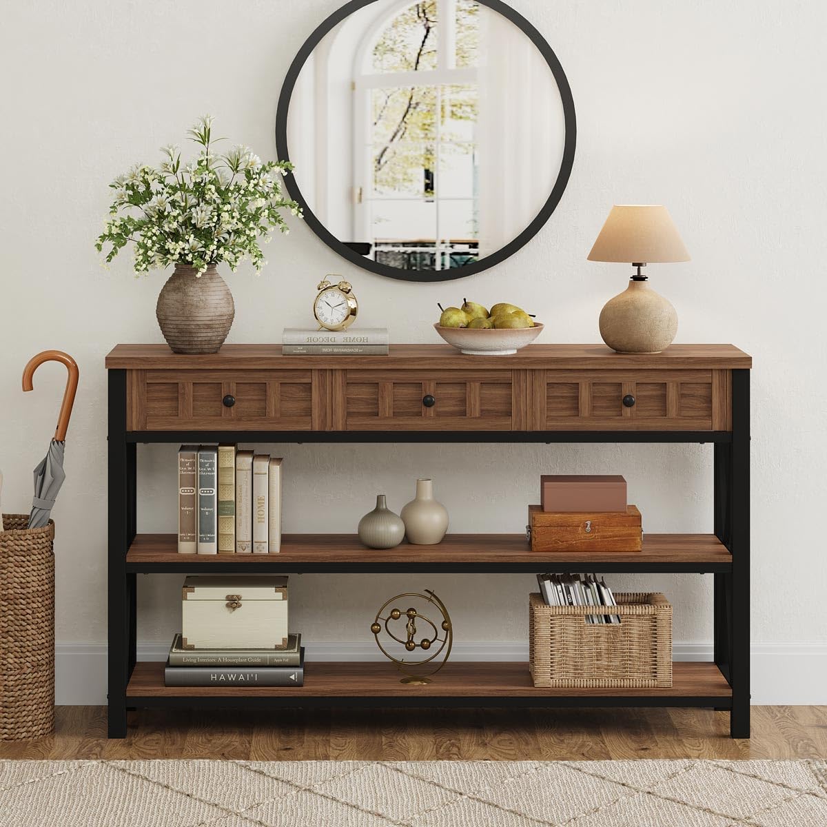 FATORRI Console Table for Entryway, Farmhouse Sofa Table with 3 Drawers for Living Room, Wood and Metal Hallway Tables with Storage and Couch Tables Behind Sofa (54.72 Inch Long, Medium Walnut)