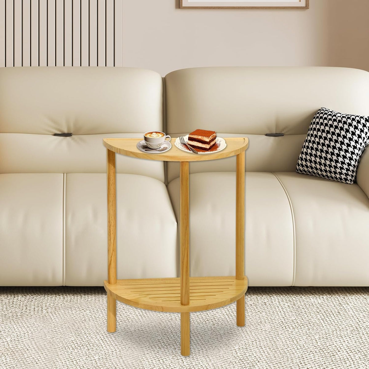 End Table Half Moon Side Tables, 2 Tier Half Round Side Table, Sofa Side Half Round Table with 2-Tier Storage Shelves, Nightstand for Living Room, Bedroom, Small Space, Rustic Brown, Boho Side Table