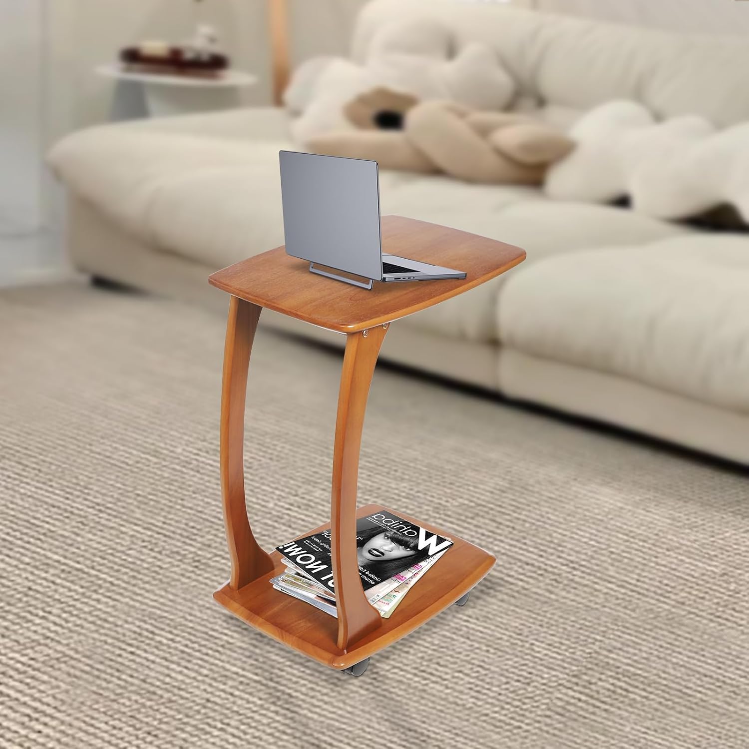 Solid Wood End Table with Rolling Wheels, C Shaped Side Table, TV Tray Table Small Accent Table, Couch Table That Slide Under for Small Space, Living Room, Bedroom or Office (Brown)
