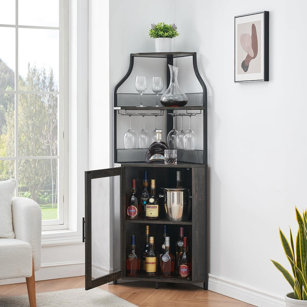 Garvee Corner Wine Rack Cabinet for Liquor Cabinet with Adjustable Shelves, 61 in Industrial Tall Bar Cabinet Freestanding with Mesh Door and Glass Holder for Kitchen, Rustic Brown
