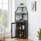 Garvee Corner Wine Rack Cabinet for Liquor Cabinet with Adjustable Shelves, 61 in Industrial Tall Bar Cabinet Freestanding with Mesh Door and Glass Holder for Kitchen, Rustic Brown