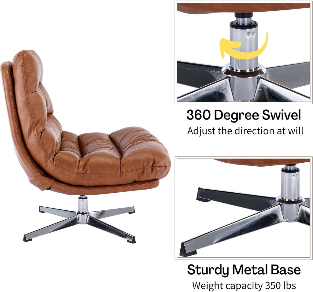 BESTANO Swivel Accent Chair with Ottoman, Mid Century Modern Faux Leather Lounge Chair with footrest, Comfy Oversized Armchair with 360 Degree Metal Base for Living Room Bedroom, Brown
