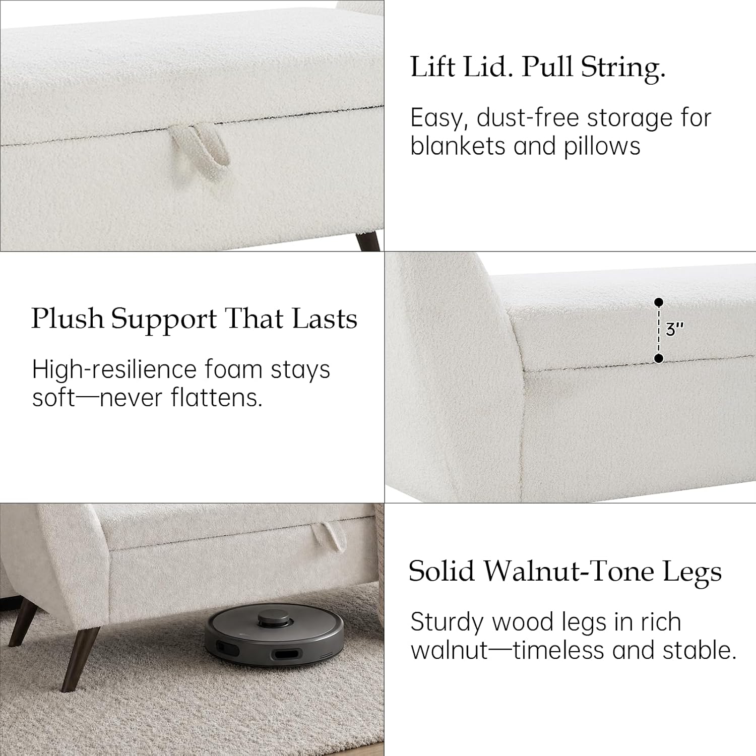 60" Storage Ottoman Bench, Teddy Fabric End of Bed Bench with Solid Wood Legs, Large Hidden Storage for Bedroom & Entryway (Beige)