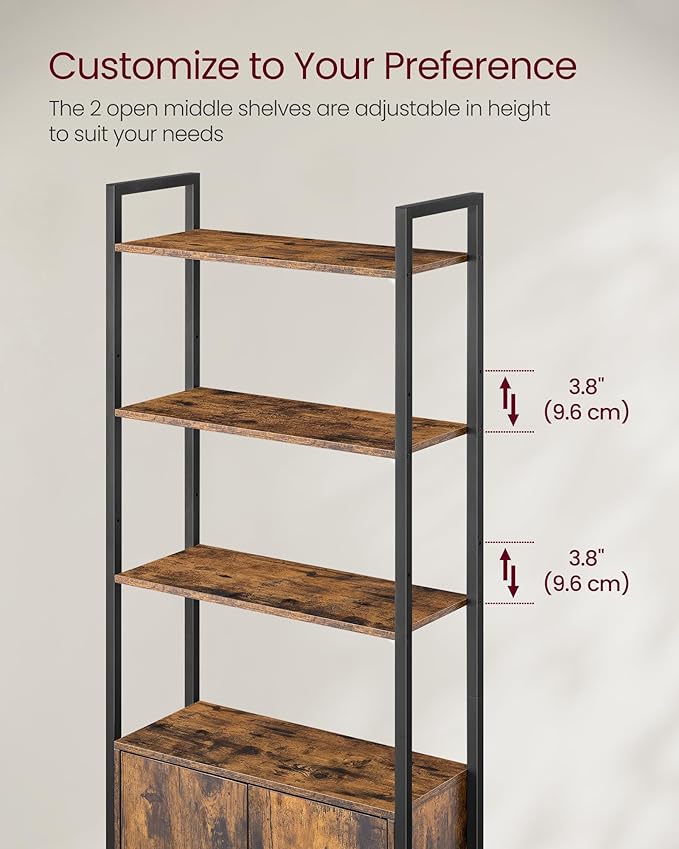 VASAGLE 6-Tier Bookshelf, Tall Bookcase with Cabinet, Steel Frame, Adjustable Shelves, 9.4 x 23.6 x 62.8 Inches, Living Room Bedroom, Rustic Brown and Ink Black ULLS133K01