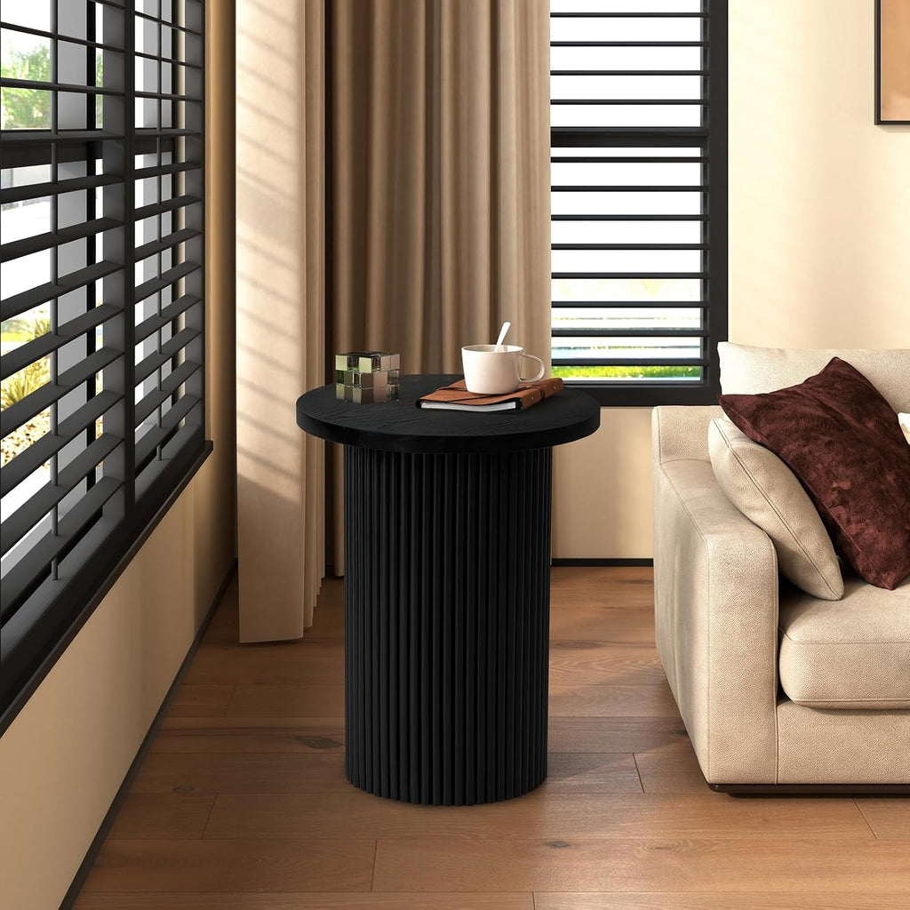 Modern Side Table, 16.93" Fluted Round Pedestal Table for Living Room, Bedroom, Entryway, Sofa, Chair – Black Accent Table with Solid Wood Strips End Table