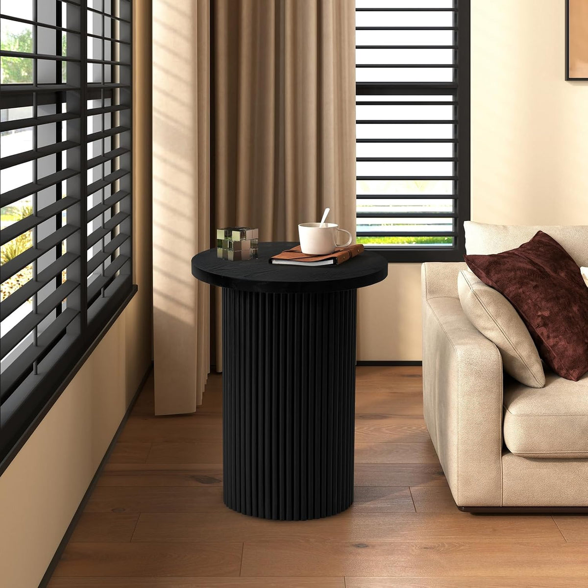 Modern Side Table, 16.93" Fluted Round Pedestal Table for Living Room, Bedroom, Entryway, Sofa, Chair – Black Accent Table with Solid Wood Strips End Table