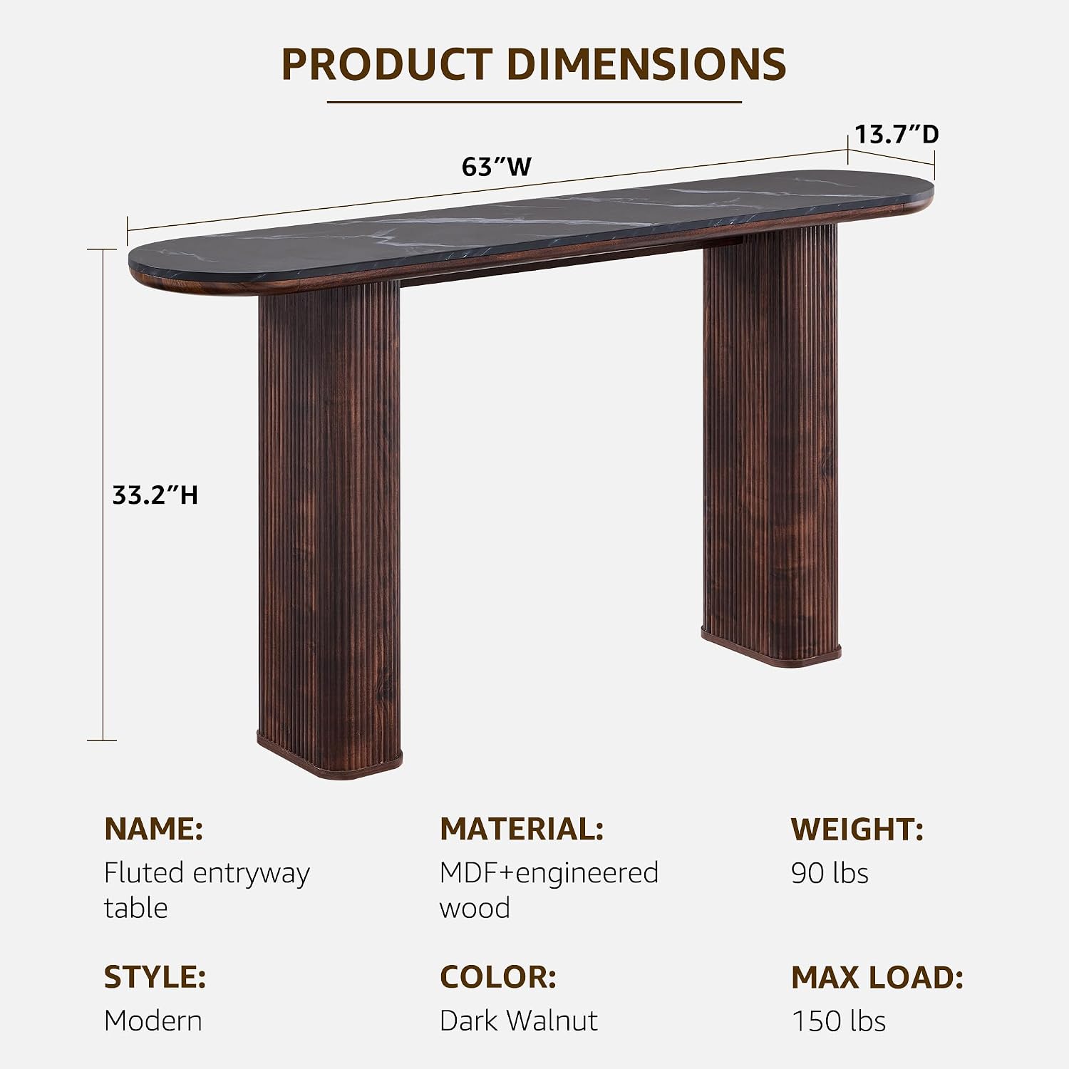 OKD 63 Inch Modern Console Table with Arc Faux Marble Texture Top, Fluted Wood Base, Contemporary Entryway Sofa Table for Living Room, Hallway, Foyer, Dark Walnut