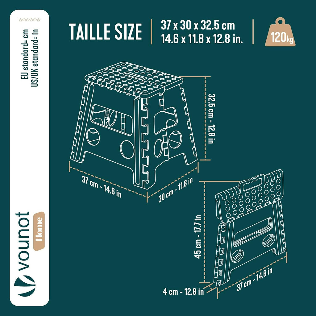 VOUNOT® Folding Step Stool, Portable Stepping Stool with Carrying Handle, Anti-Slip Folding Stool for Bathroom, Garden, Camping, Home, 37 x 30 x 32.5 cm, Grey