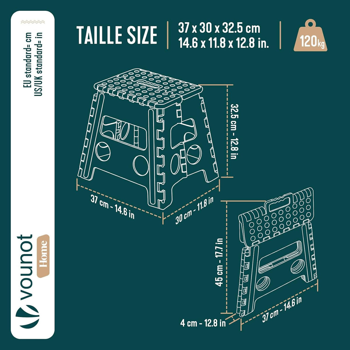 VOUNOT® Folding Step Stool, Portable Stepping Stool with Carrying Handle, Anti-Slip Folding Stool for Bathroom, Garden, Camping, Home, 37 x 30 x 32.5 cm, Grey