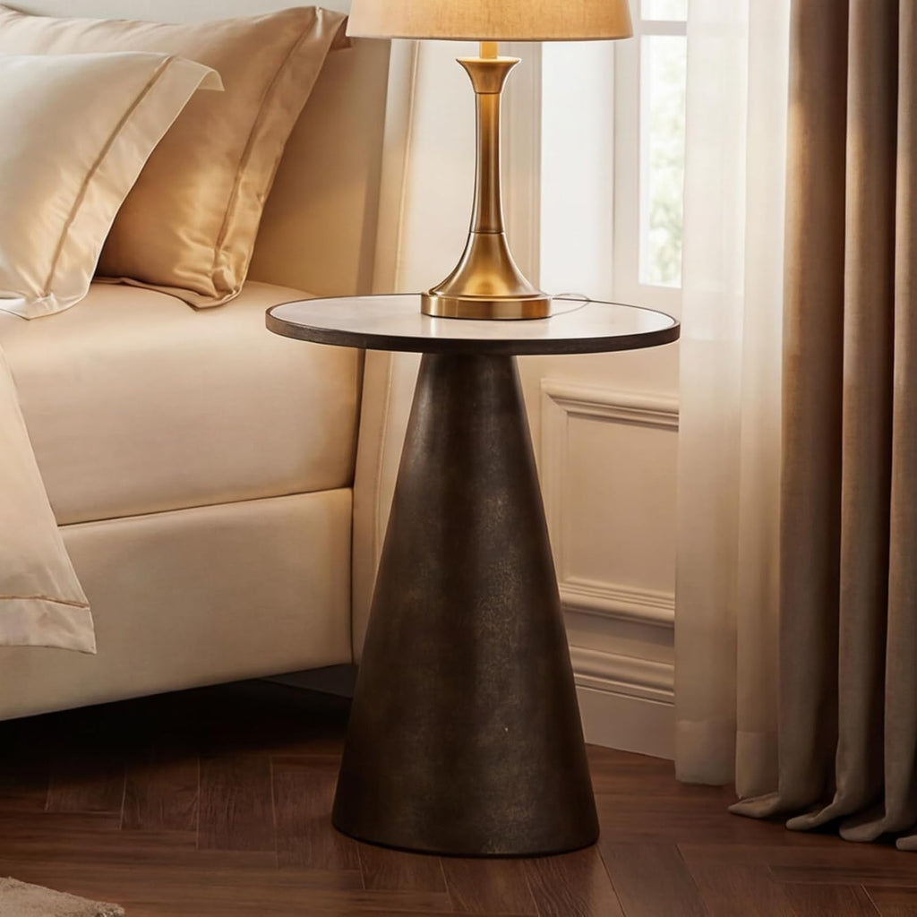 Black Brass Pedestal End Table with White Faux Marble Top, Light Round Side Drink Table for Living Room, Vintage Industrial Metal Stand for Couch & Accent Chairs in Small Spaces