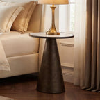 Black Brass Pedestal End Table with White Faux Marble Top, Light Round Side Drink Table for Living Room, Vintage Industrial Metal Stand for Couch & Accent Chairs in Small Spaces