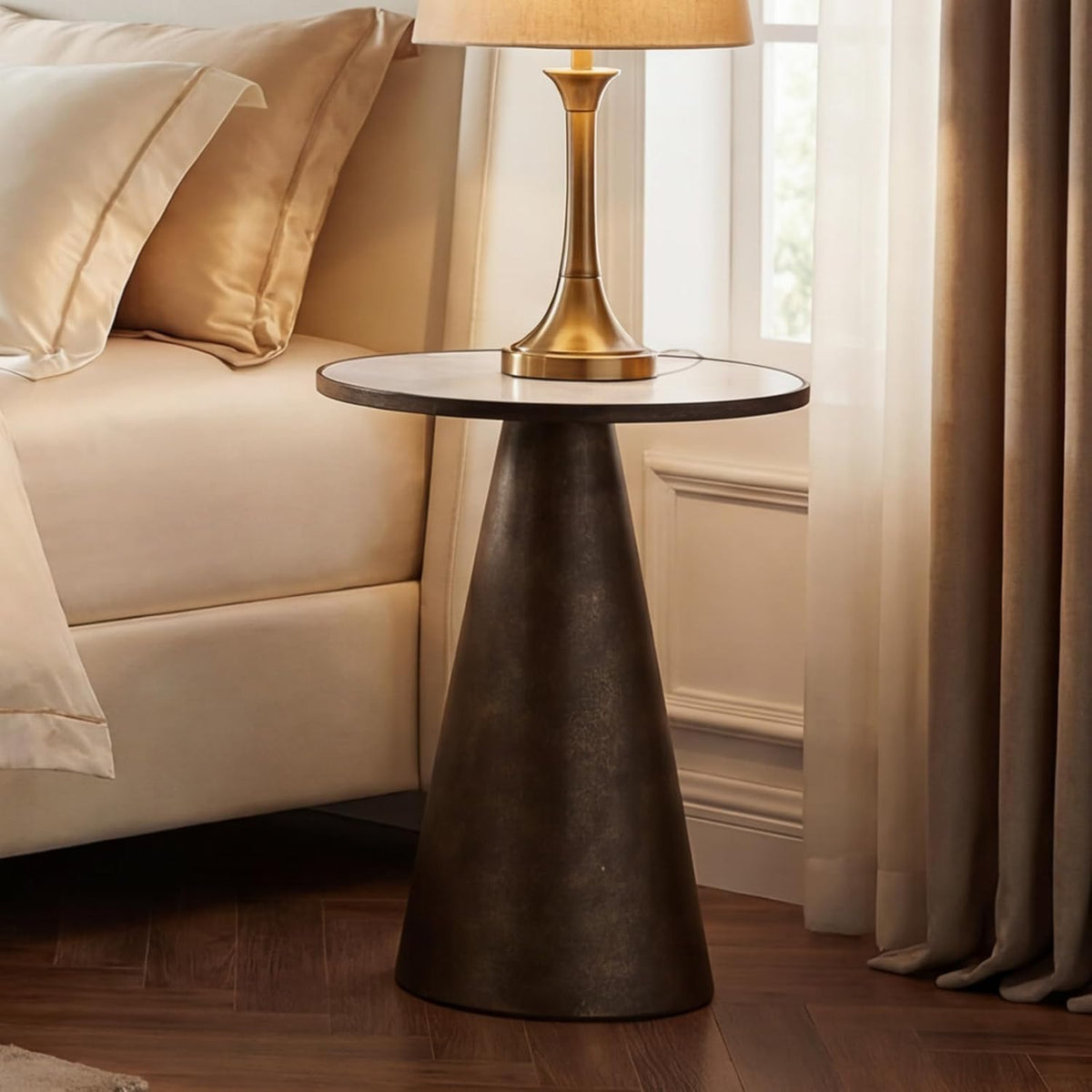 Black Brass Pedestal End Table with White Faux Marble Top, Light Round Side Drink Table for Living Room, Vintage Industrial Metal Stand for Couch & Accent Chairs in Small Spaces
