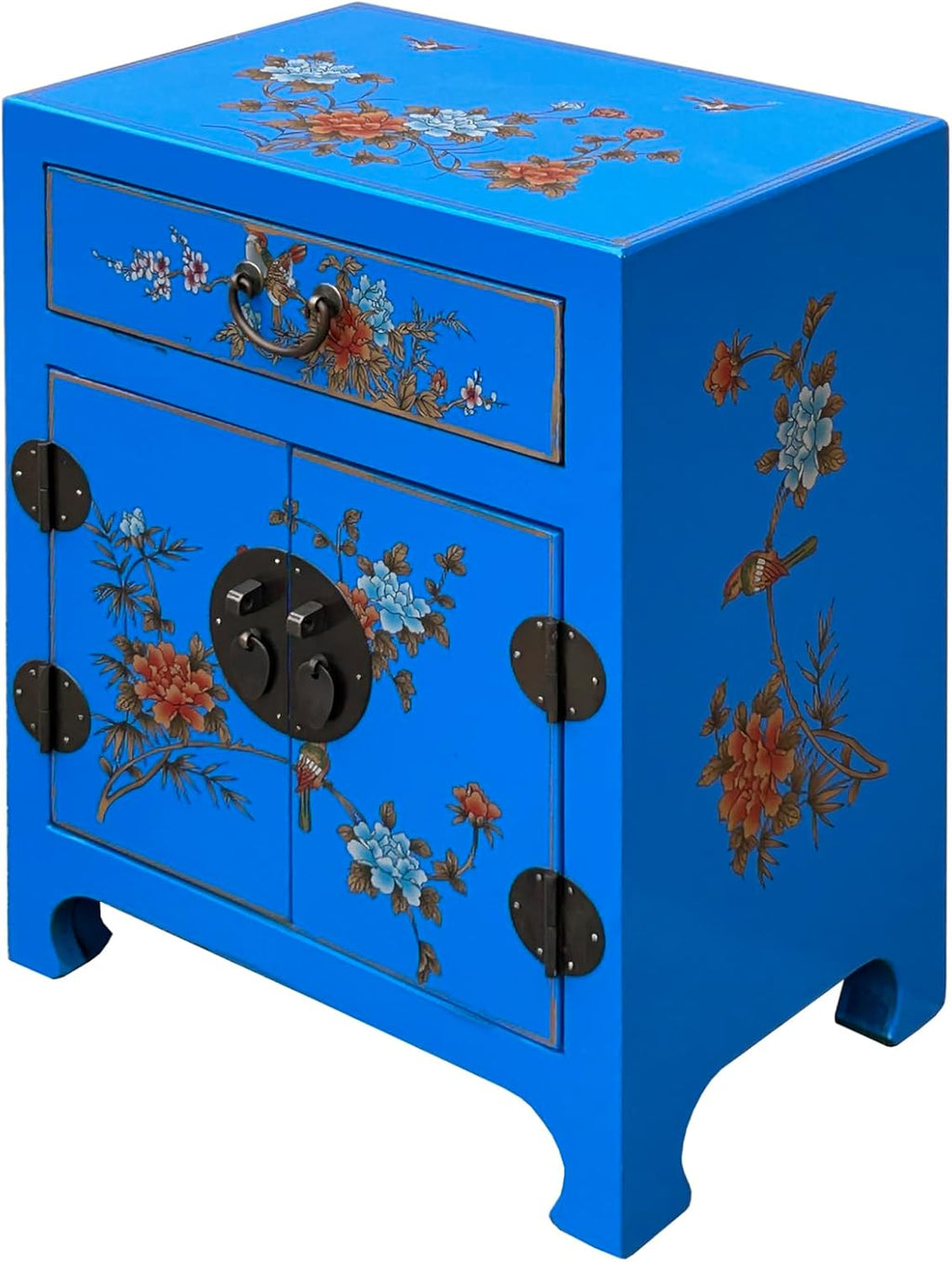 Chinese Bright Blue Vinyl Moon Face Flower Birds End Table Nightstand AGB064