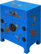 Chinese Bright Blue Vinyl Moon Face Flower Birds End Table Nightstand AGB064