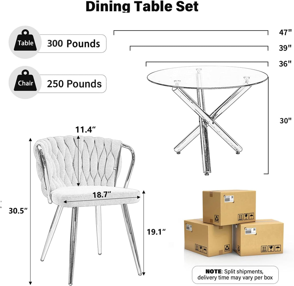 Round Glass Dining Table Set for 2, 36'' Small Minimalist Kitchen Table Set with 2 Beige Modern Upholstered Dining Chairs, 3 Piece Luxury Circle Dining Room Set, Silver Base