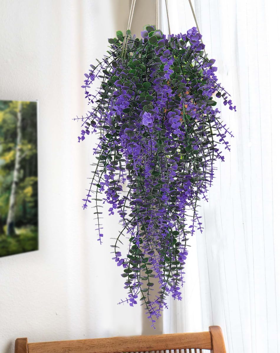 RECUTMS Artificial Plants Fake Eucalyptus Plants Faux Hanging Leaves Green Plant Artificial Hanging Plant for Indoor Home Room Kitchen Table Outdoor Patio Garden Yard Decor(Purple)