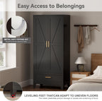 COFaR 71 Farmhouse Metal Wardrobe Closet with Hanging Rod, 2 Barn Doors, Adjustable Shelves, Steel Armoire with Drawer for Home, Bedroom Black