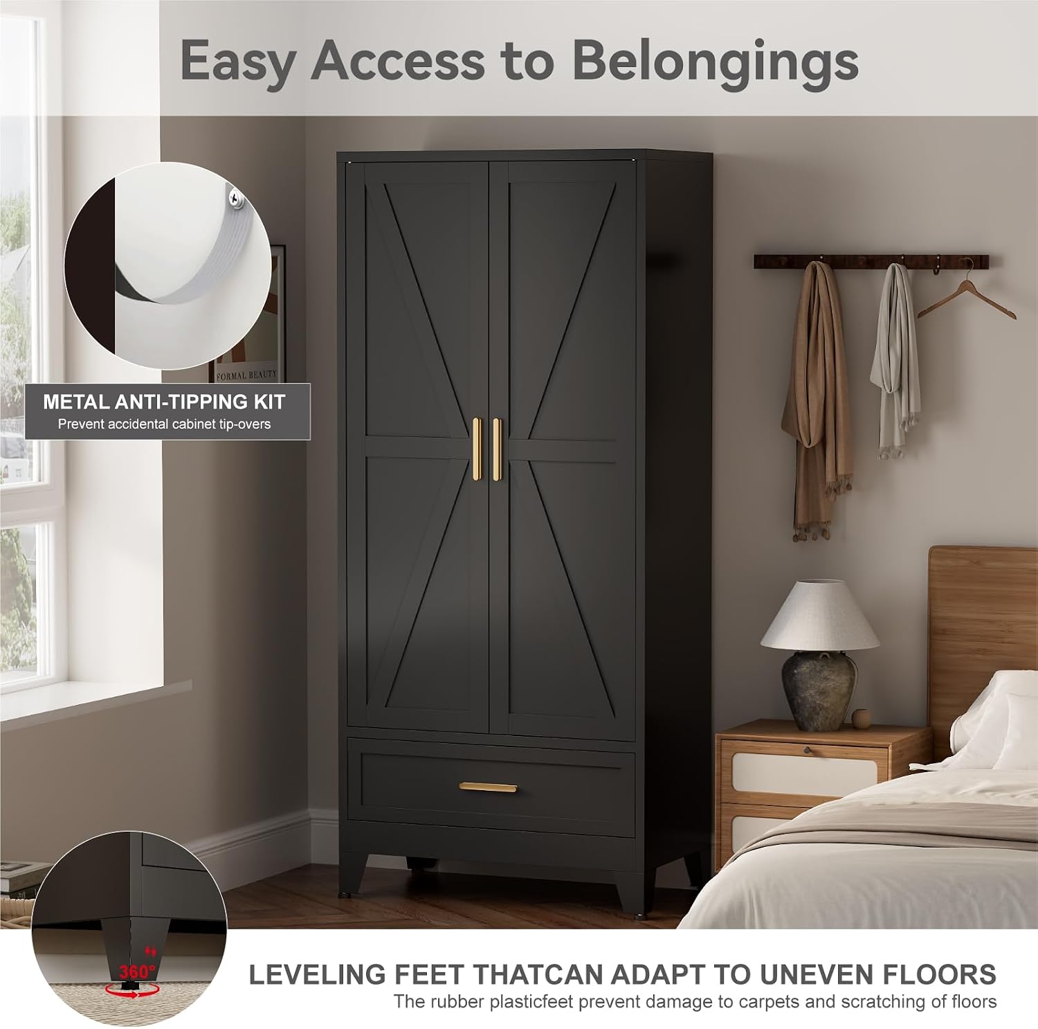COFaR 71 Farmhouse Metal Wardrobe Closet with Hanging Rod, 2 Barn Doors, Adjustable Shelves, Steel Armoire with Drawer for Home, Bedroom Black